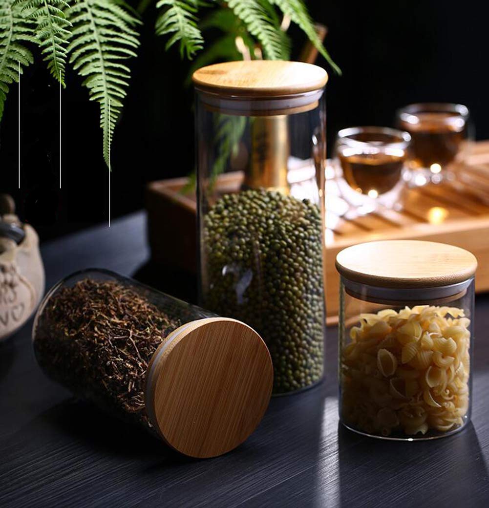 2 recipientes vacíos de vidrio transparente grueso para el hogar, cocina, almacenamiento de alimentos, ollas con tapas de madera herméticas, botellas herméticas para café, granos, té, azúcar, 4