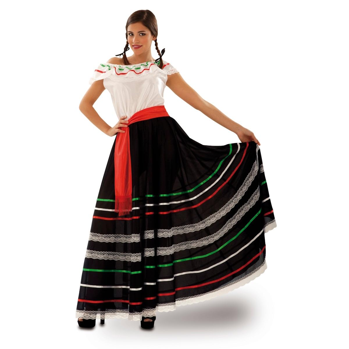 My Other Me Disfraz para mujer adulto de Mexicana con vestido y fajín en blanco y negro ML. Añade un toque tradicional y chic a tus celebraciones mexicanas