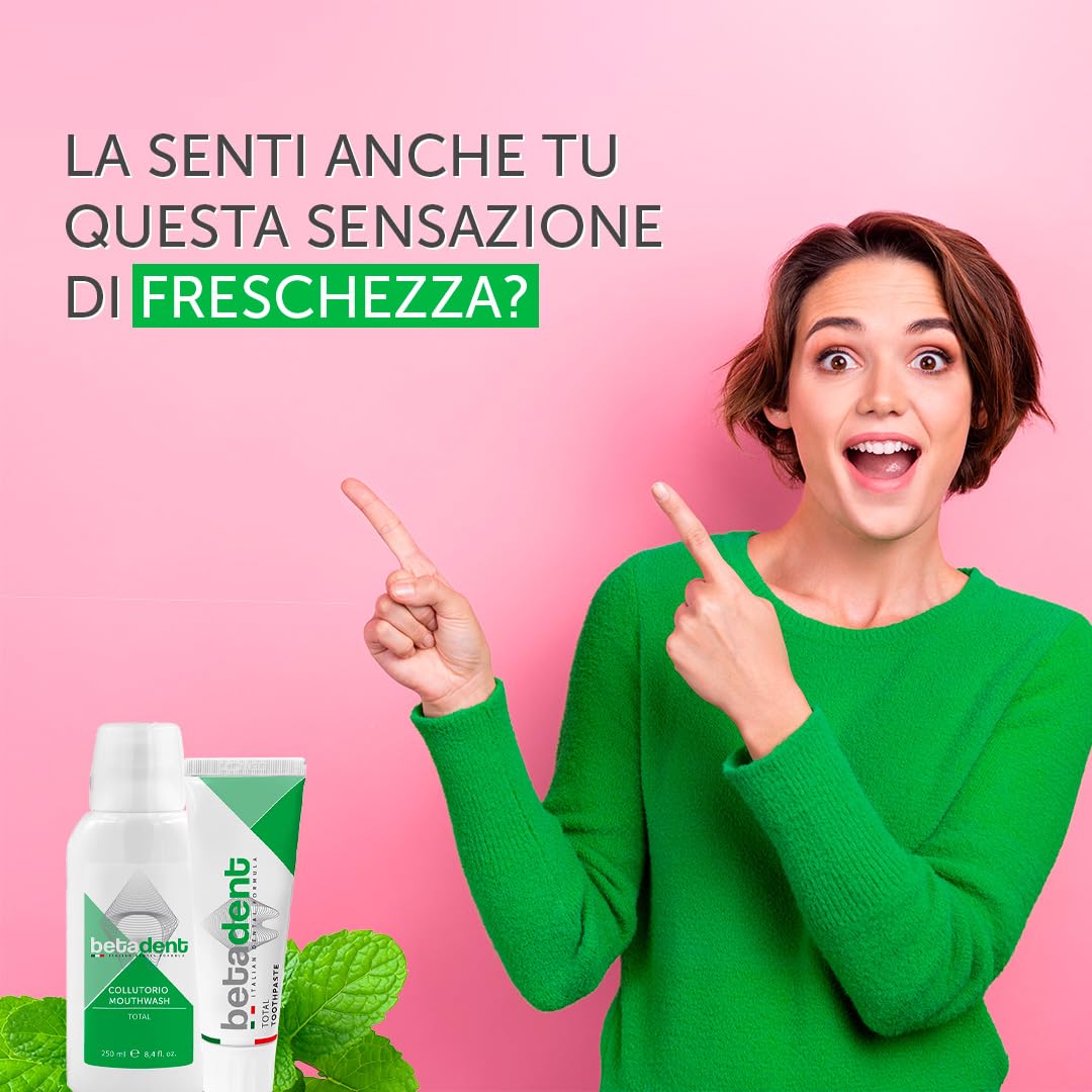 Betadent KIT 6 COLLUTORIO TOTAL Azione totale contro placca, tartaro, carie, alito cattivo, infiammazione gengivale. Ingredienti naturali, massima efficacia, alito fresco. 6x250ml
