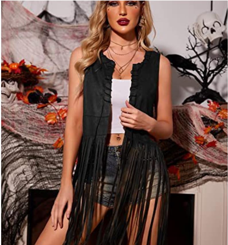 BXT Women's Casual Long Vintage Cardigan With Tassels Suede Sleeveless Vest Top Fringe Open Front Jacket Outerwear3