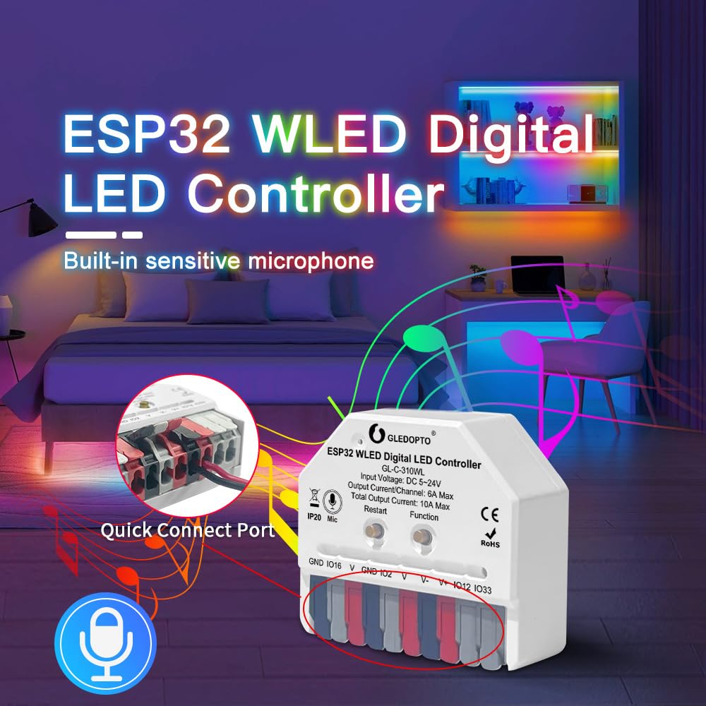 GL-C-310WL 5-24V ESP32IC+RGB WLED Phantom Color Digital Strip Light Controller 5-24 Rhythm with Sound DIY - Image 3