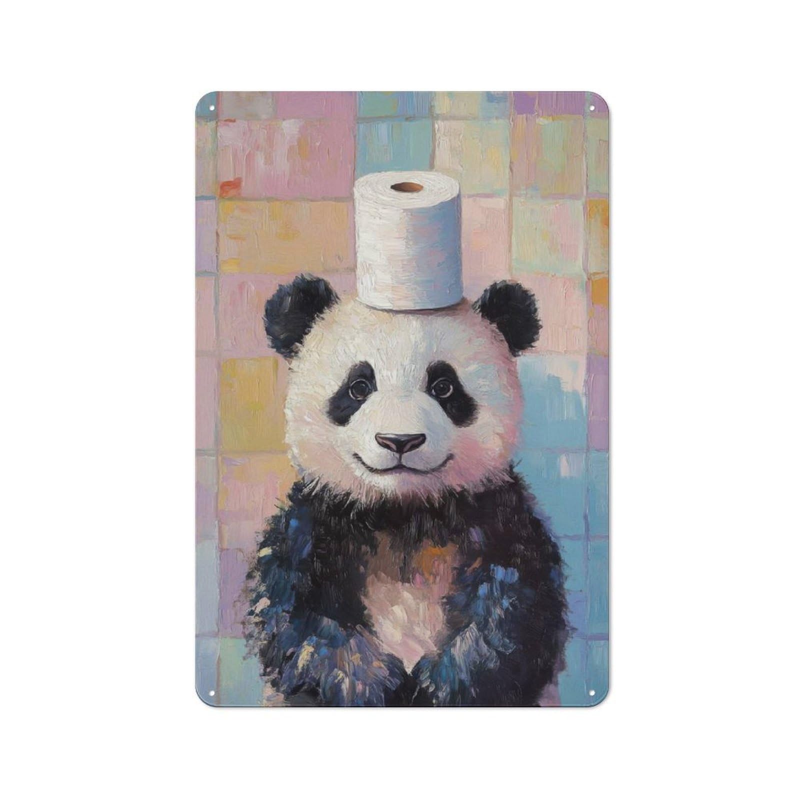Junmoney Panda With Toilet Paper Hat Retro Metal Wall Sign 30X20cm For Man Cave Or Games Room, A Housewarming Gift For Games Room Collectors