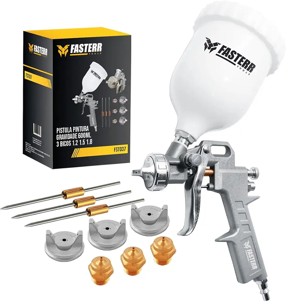 Pistola de Pintura Alta Pressão Fasterr FST037 600ml – Gravidade, 3 Bicos 1.2/1.5/1.8mm, Alumínio, Uso com Compressor