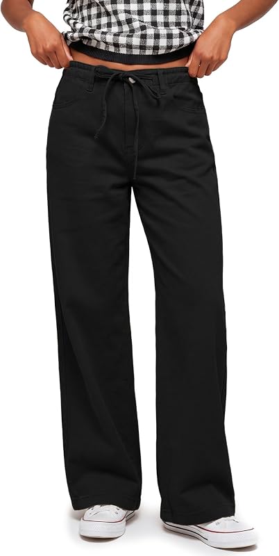 Rapbin Wide Leg Pants for Women Chino Low Rise Y2K Trousers with Belt Loop Drawstring Deep Pockets Spring 2026