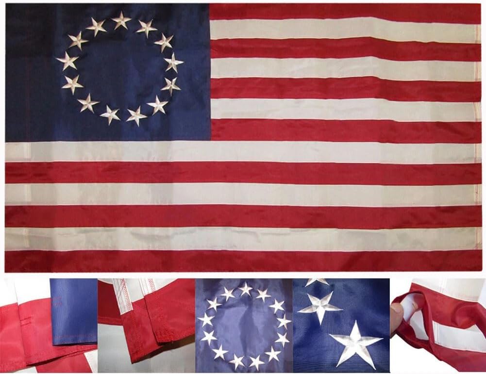 3x5 Embroidered Sewn Betsy Ross 300D Premium Nylon Flag With Blue Pole Sleeve