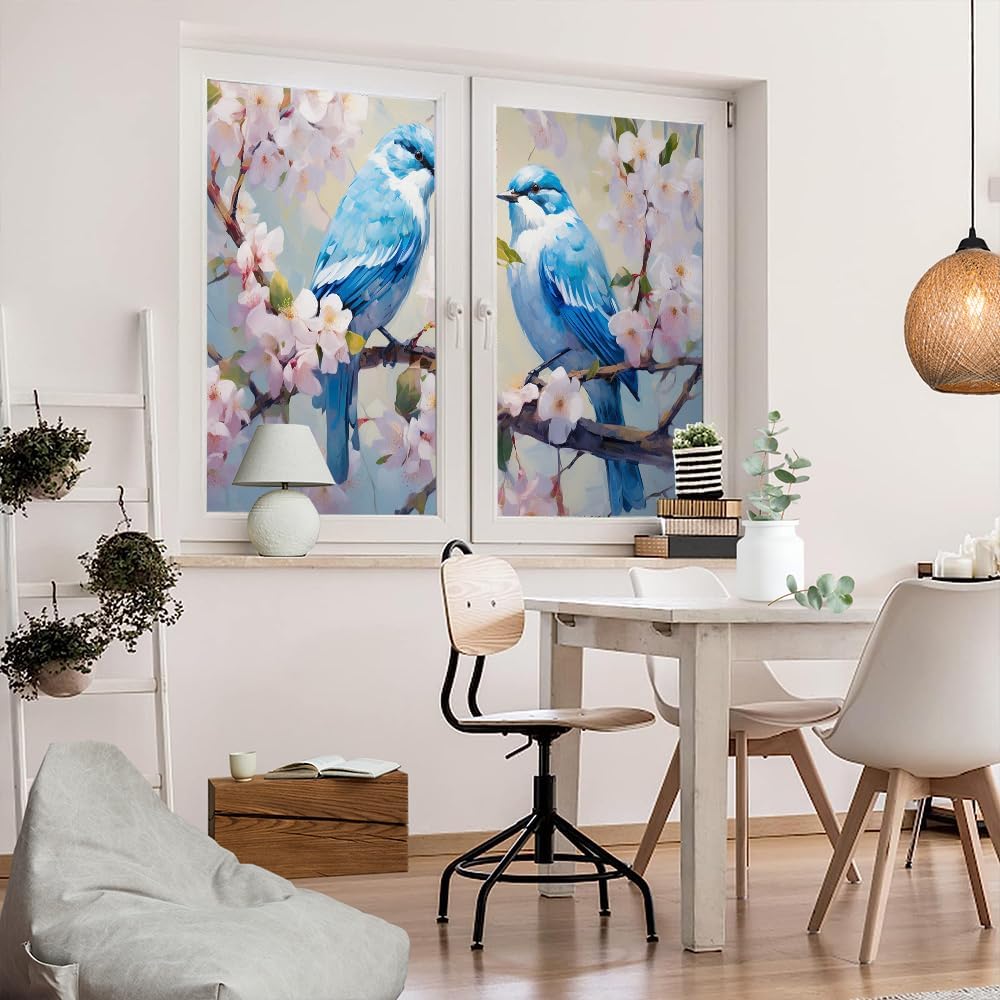 Beautiful Blue Bird Stained Glass Window Film Watercolor Flower Romantic Rustic Privacy Window Film Glass Door Covering Non-Adhesive Window Stickers for Room Kitchen 23.6Wx35.4L-inch x2 Pcs