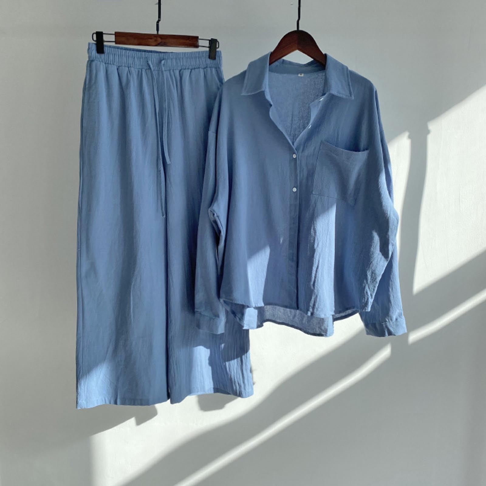 Ropa de lino para mujer, traje de dos piezas de algodón y lino, traje de pantalón de manga larga, cálido, transpirable, traje de ocio, juego de pijama elástico, traje de casa ligero, cintura
