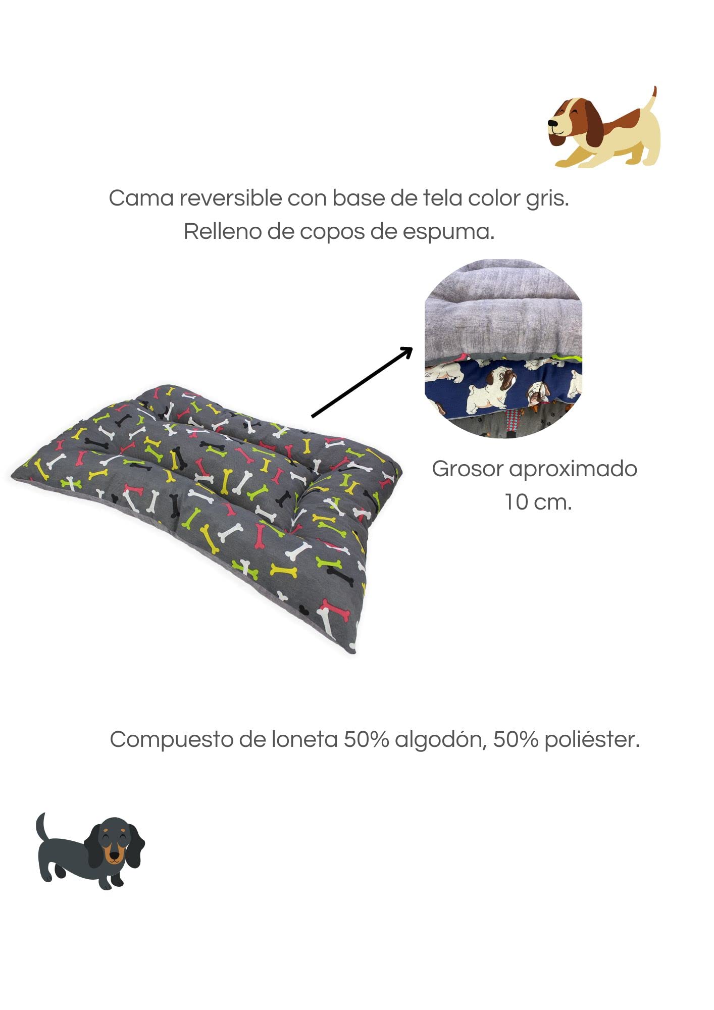Acomoda Textil – Cama para Perros de Tela, Cama Perros Reversible y Lavable. Colchoneta Mascotas para Transportín y Hogar. (50x70, Huesos)