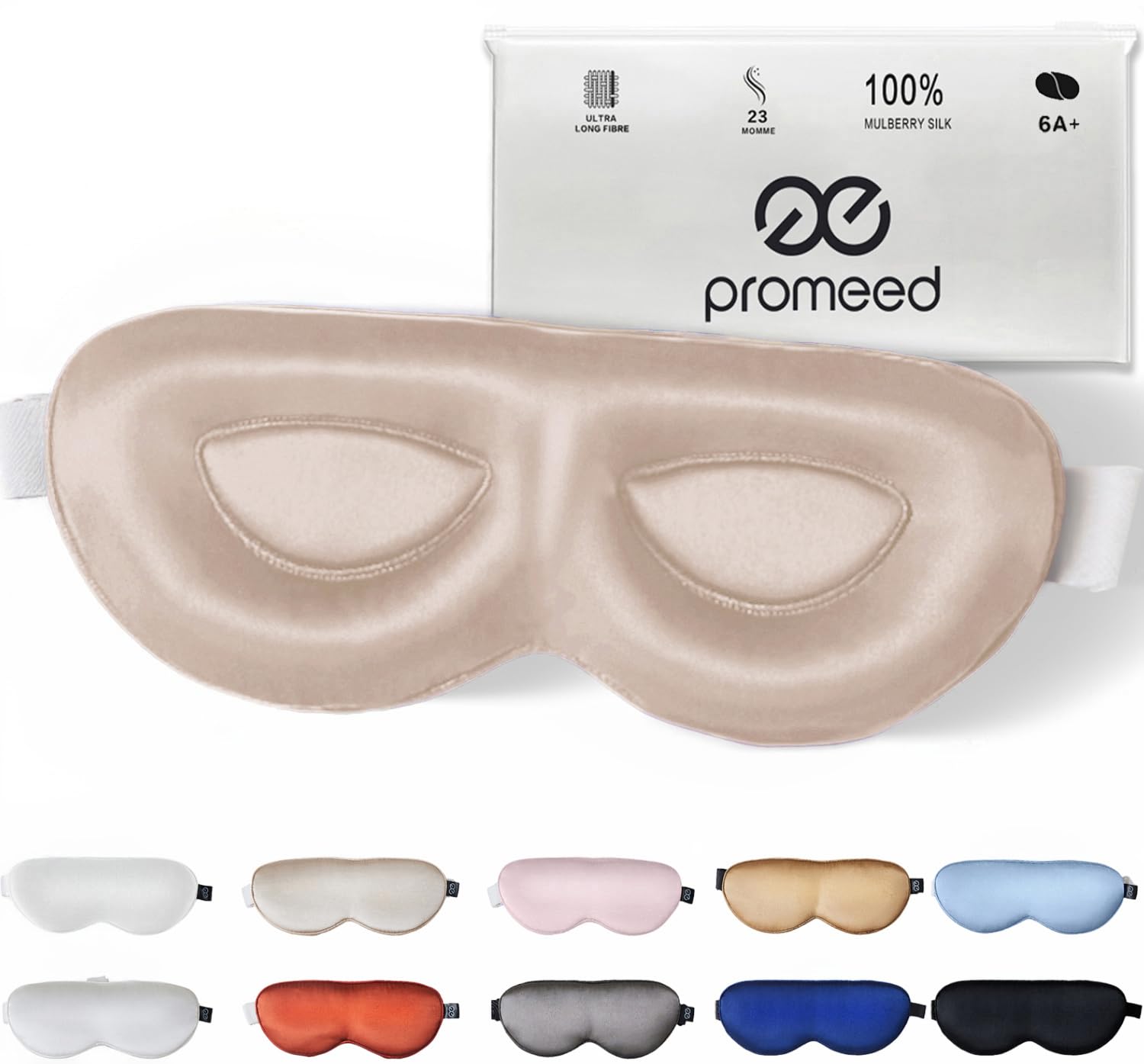 PROMEED Adjustable 23 Momme Mulberry Silk Sleep Mask, 3D Contoured No-Pressure Cup Eye Mask for Sleeping, Super Soft Breathable Blindfold, Perfect