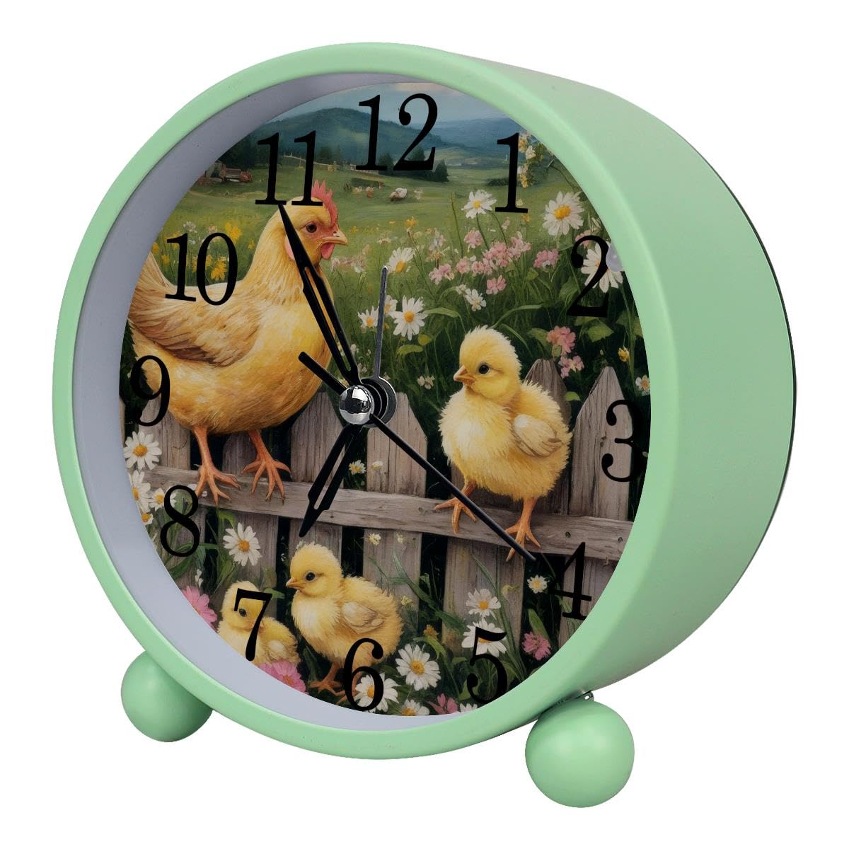 Luoweisi Alarm Clock Spring Floral Chickens Fence, Silent Non-Ticking with Night Light