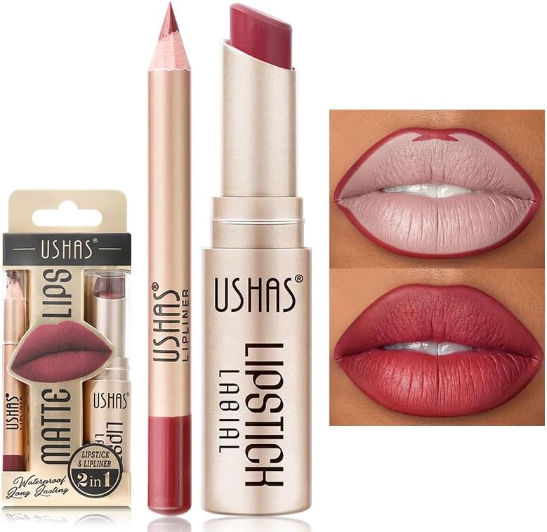 USHAS Lipstick and Lip Liner Combo Set 2 in 1 Waterproof Lipstick for ...