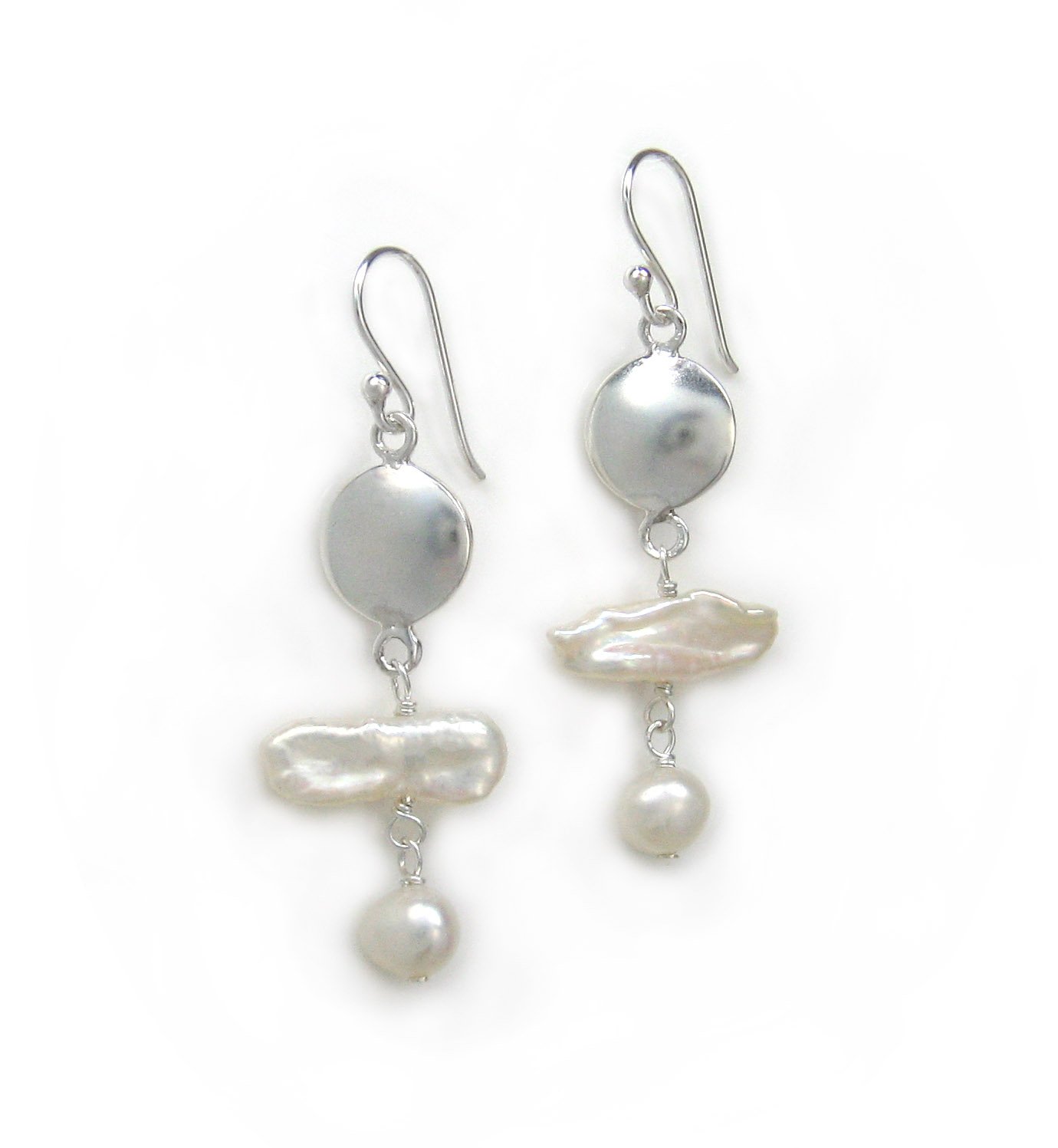 Sterling Silver Cultured Stick Pearls and Cultured Freshwater Drop Earrings, White