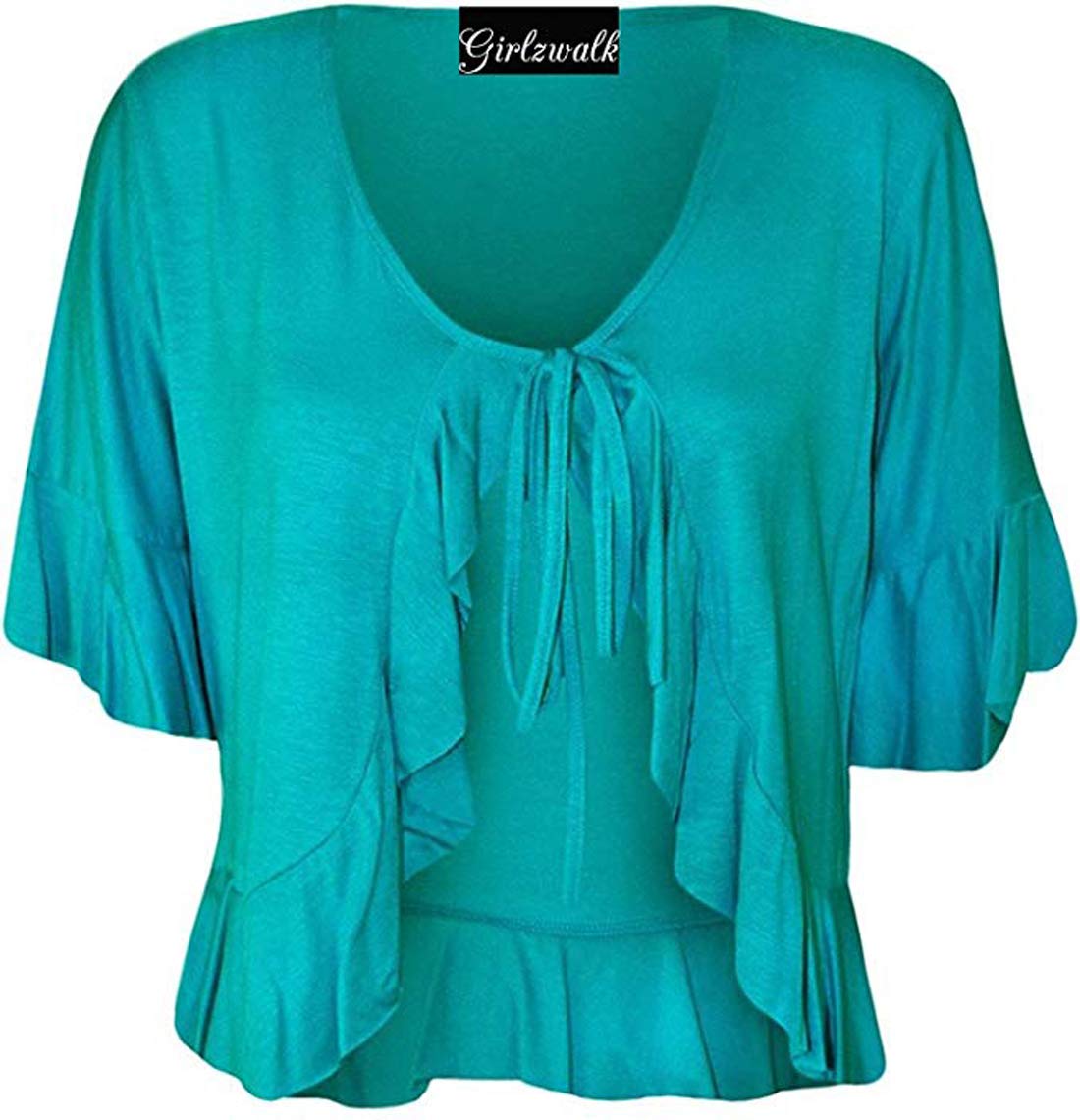 GOSTYLES® Womens Short Sleeve Stretch Frill Front Tie Cardigan, Ladies Elegant Summer Layer Cropped Bolero Shrug Top (Turquoise, 16)