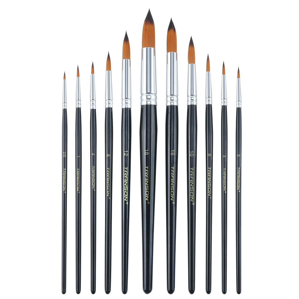 Transon 11pcs Round Paint Brush Basic Set for Watercolor, Acrylic, Gouache, Ink, and Tempera Painting