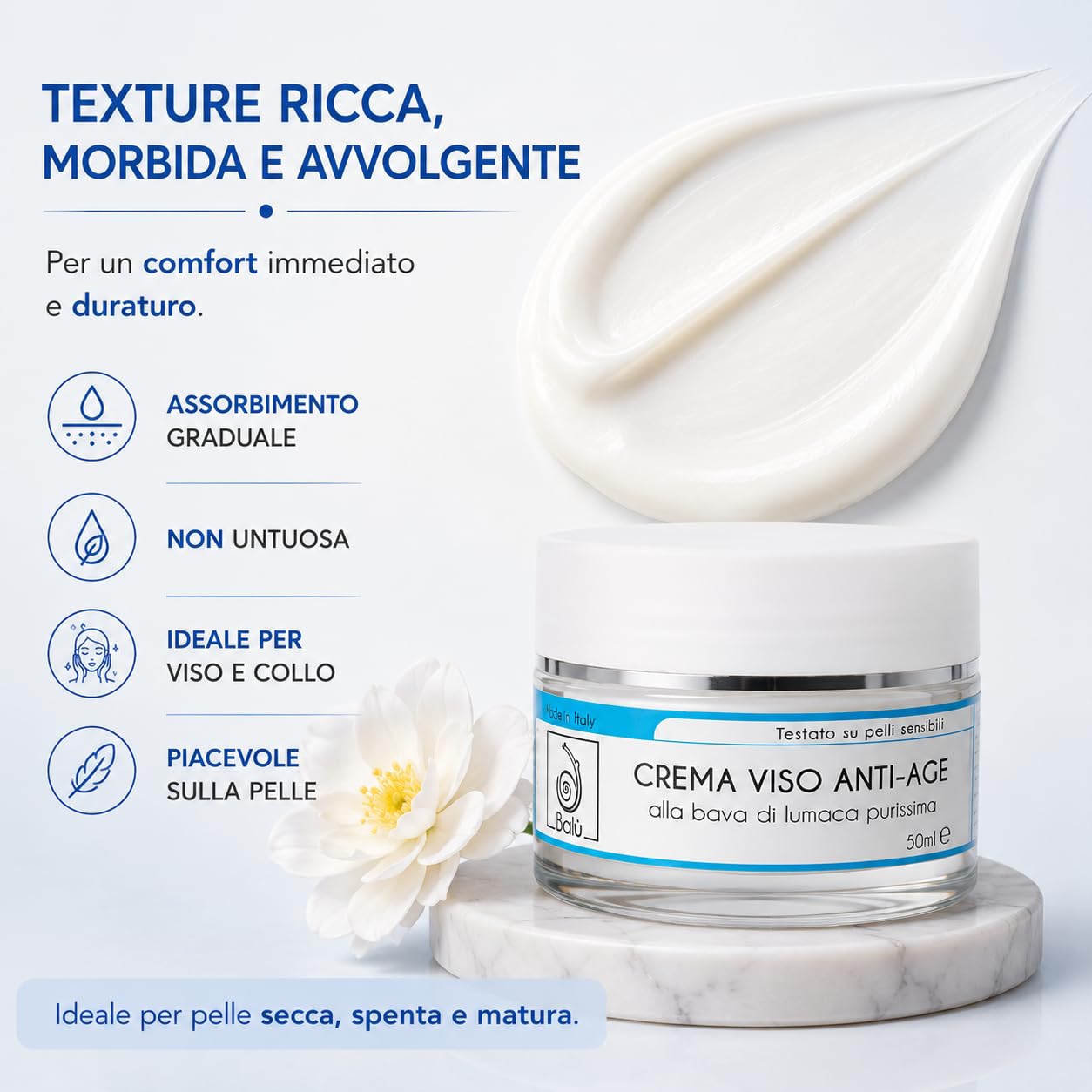 BALÙ Crema Viso Anti-Age alla Bava di Lumaca Purissima – Nutriente e Idratante per Pelle Secca e Matura, con Sodio Ialuronato, Avocado e Karité – Made in Italy, 50 ml