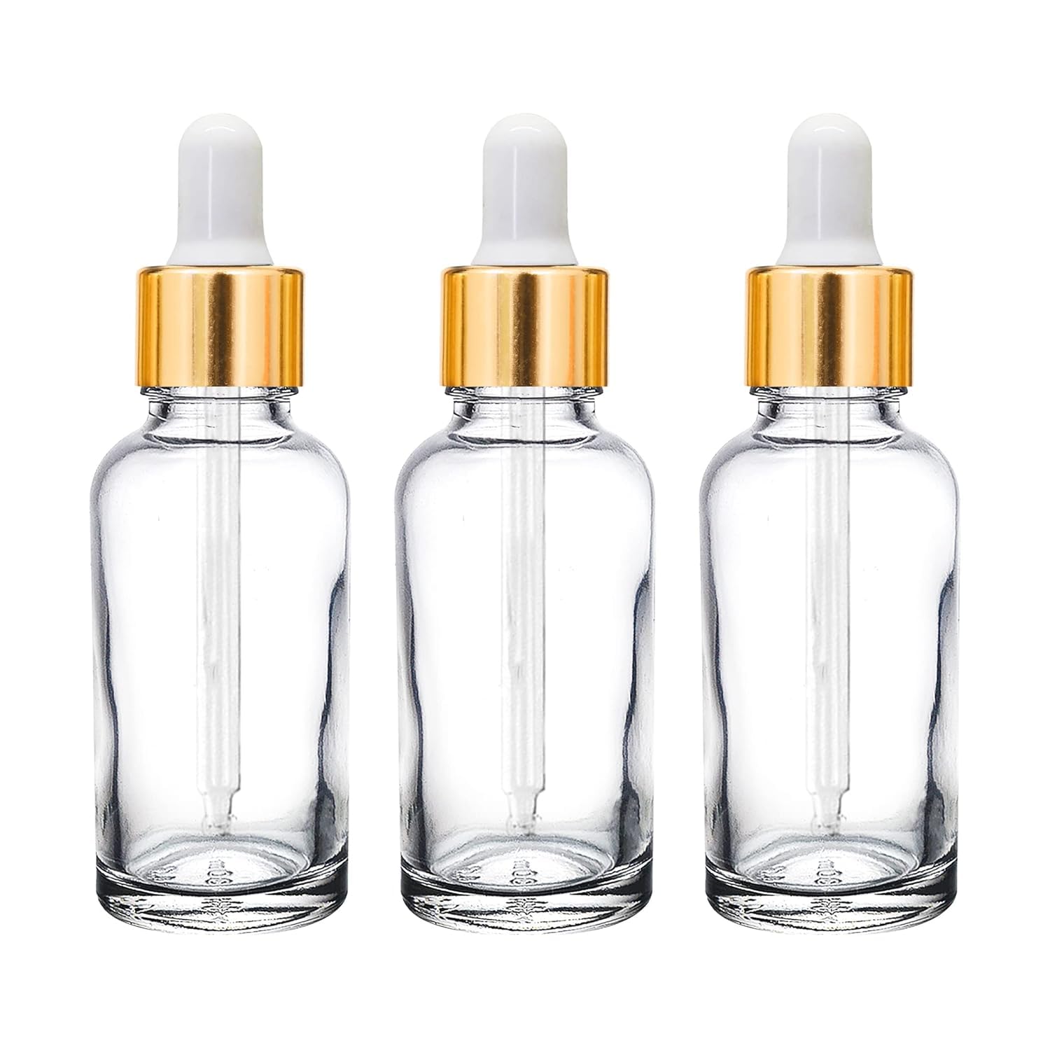 RTWARE 30 ml Clear/Transparent Empty Glass Bottle + Dropper + Gold Ring + Silicone White Teat (Pack of 3) Refillable, Reusable, Leak Proof For Essential Oils, Perfumes Liquid DIY, Cosmetics-image-26