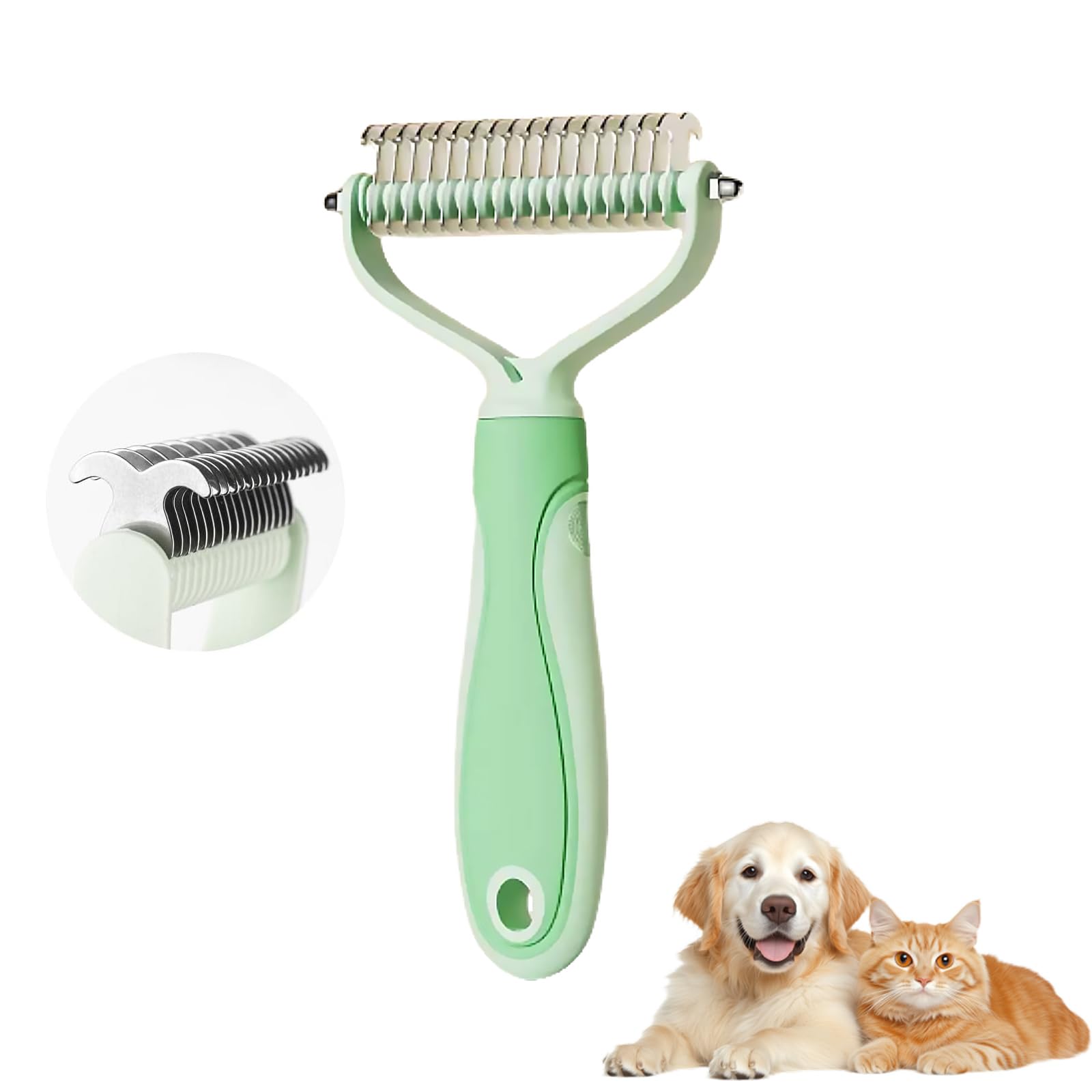 Double-Sided Deshedding Pet Grooming Brush, Professional Dematting Comb for Dog and Cat, Pet Grooming Rake for Long Haired Cat Dogs Removing Loose Undercoat Tangles Mats (Green,L) — image 1