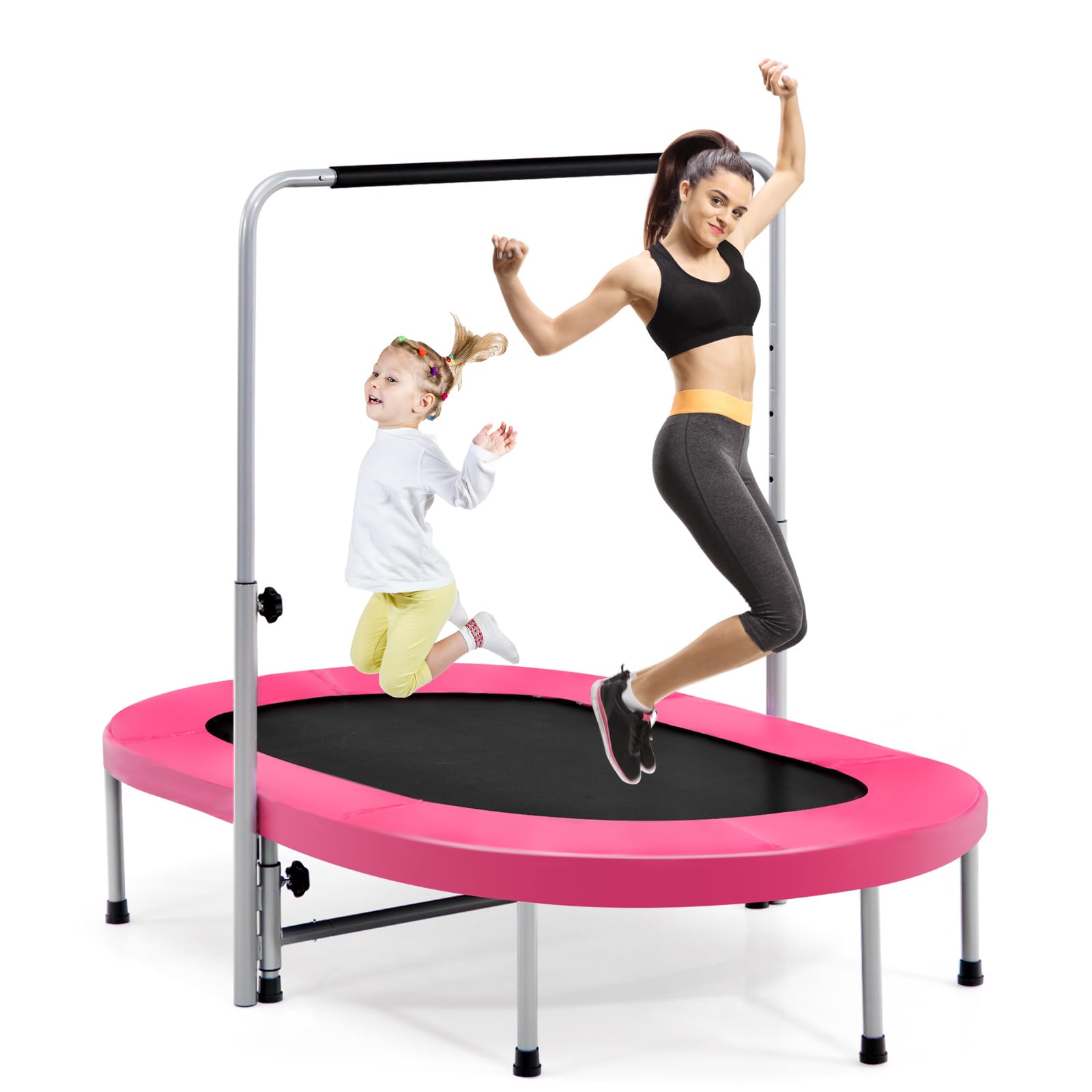 LIFEZEAL Trampolin für 2 Personen, Faltbares Doppeltrampolin mit Armlehnen, Ovales Sporttrampolin mit verstellbarem Griff, Fit Indoor Fitness Trampolin für Kinder und Erwachsene