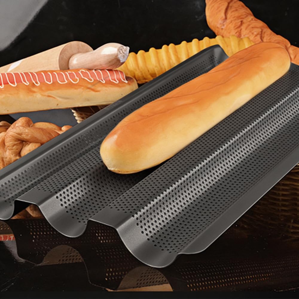 2 Pièces Plaque à Baguette Moule pour 3 Baguettes Moulle à Baguette Pain avec Revêtement Antiadhésif Moule à Pain Baguette Français Moule à Baguette en Acier Carbone pour Cuisson De Pain