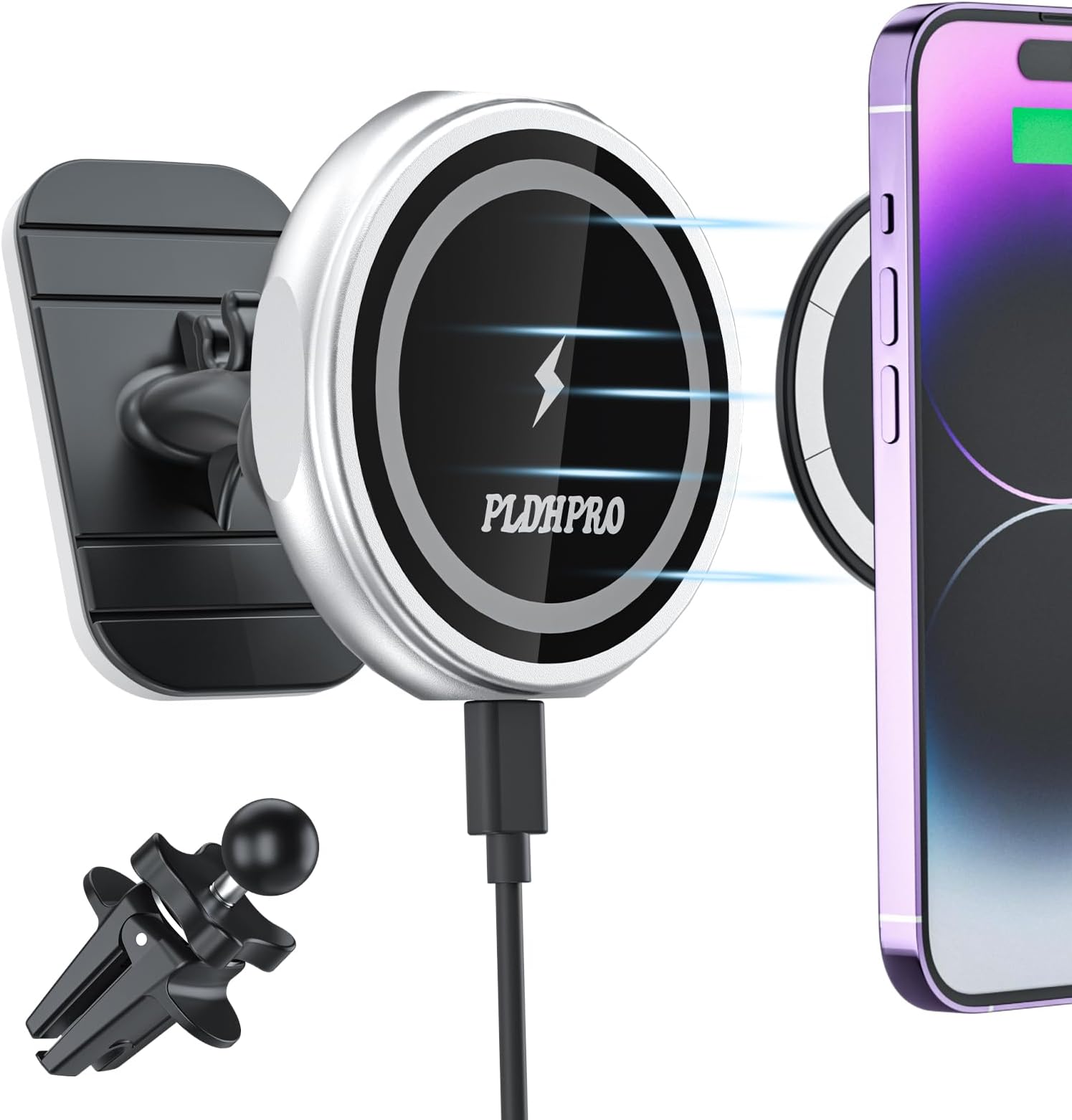 PLDHPRO Magnetic Wireless Car Charger for Magsafe Mount iPhone 14 13 12 Por Max Plus Mini, Fast Charging Wireless Car Phone Charger, Auto-Alignment Car Dashboard and Air Vent Car Phone Holder