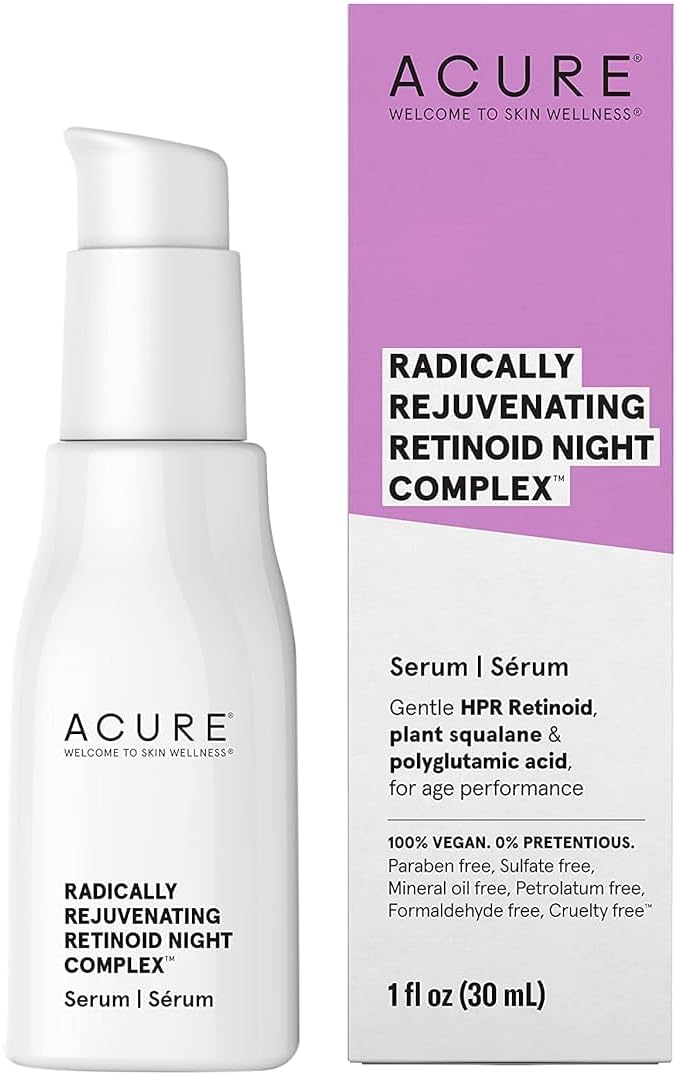 Acure Radically Rejuvenating Retinoid Overnight Complex, Moisturizer Night Treatment, Fight Wrinkles & Anti-Aging Support with Plant Squalane, Polyglutamic Acid & Hyaluronic Acid 100% Vegan -1.7 fl oz