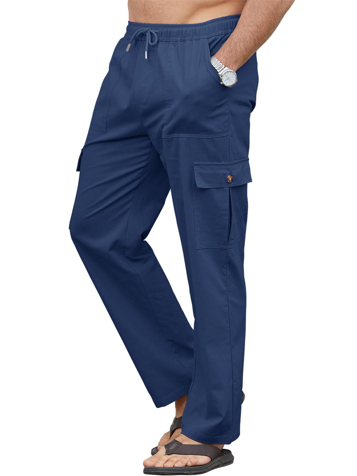 YloveM Pantaloni Lino Uomo con Tasche Casual Estivi Pantaloni Uomo Estivi Cotone con Elasticizzati Vita Spiaggia Cargo Pantalone Lino Uomo Larghi con Coulisse Leggeri Yoga