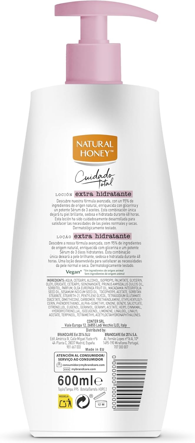 Natural Honey, Loción Corporal Extra Hidratante para Pieles Normales y Secas, 72H de Hidratación Profunda con Aceite de Almendras y Sérum de 3 Aceites, Línea Cuidado Total, 600 ml