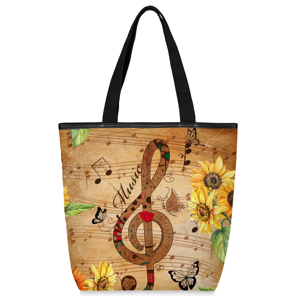 Mularoka Vintage Patterns Ribbons Sunflowers Canvas Tote Bag with Zipper and Pockets Canvas Tote Shopping Bag Women Reusable Grocery Bag for Beach Travel Gym Shopping