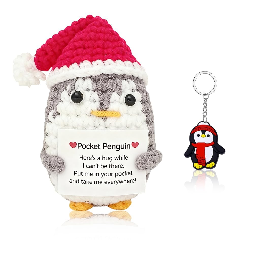 Positive Penguin With Christmas Hat And Penguin Keyring,Mini Crochet Animal Inspirational Good Luck Gifts Funny Knitted Wool Doll Good Luck Gift Birthday Christmas Decoration For Adults Women Men