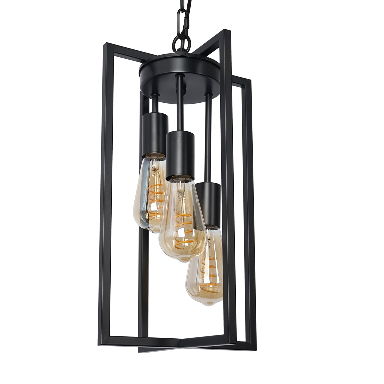 Photo 1 of MIPAWS Modern Black Industrial Farmhouse Pendant Lighting, Rectangle Metal Cage Chandelier Hanging Light Fixture for Kitchen Island, Dining Room, Entryway, Hallway (3-Light)