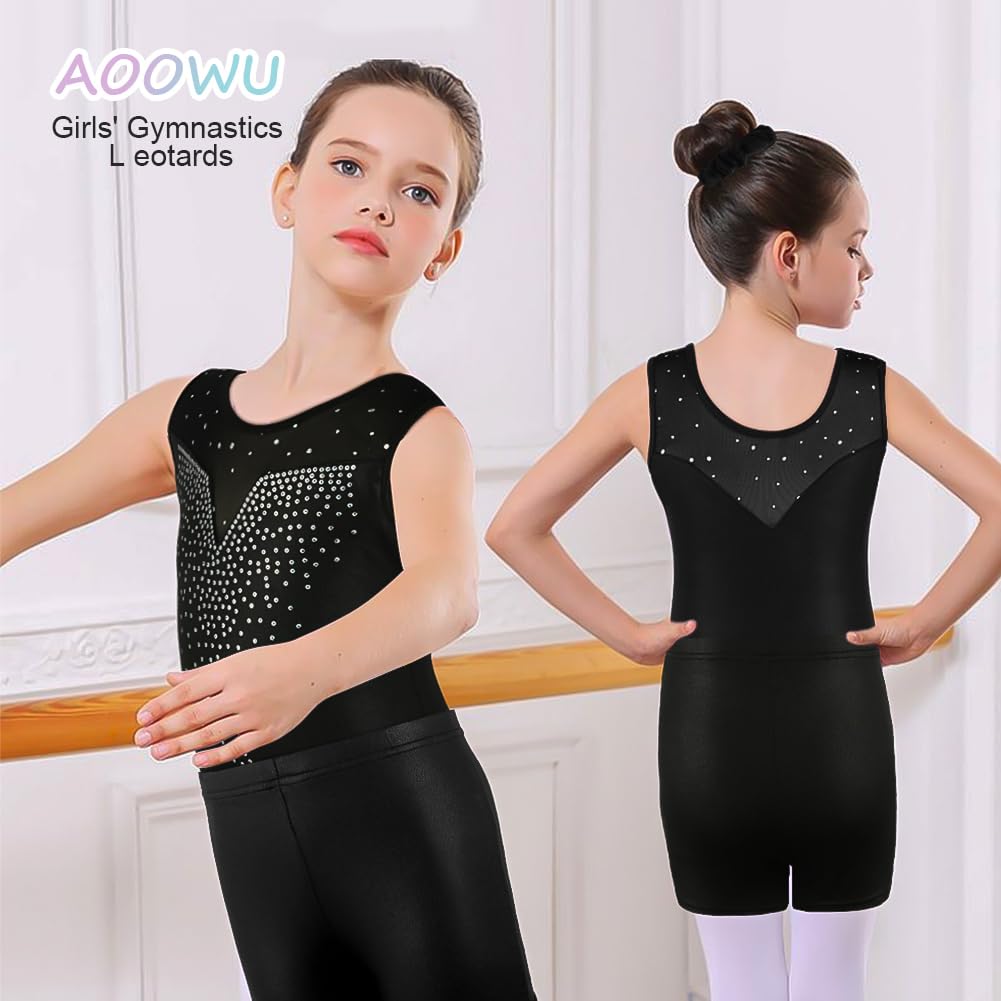 AOOWU Leotardos Gimnásticos para Niñas, Gimnasia Rítmica con Pantalón y Banda, Maillot Ballet Cuello Redondo Sin Mangas 5-6 Años Púrpura