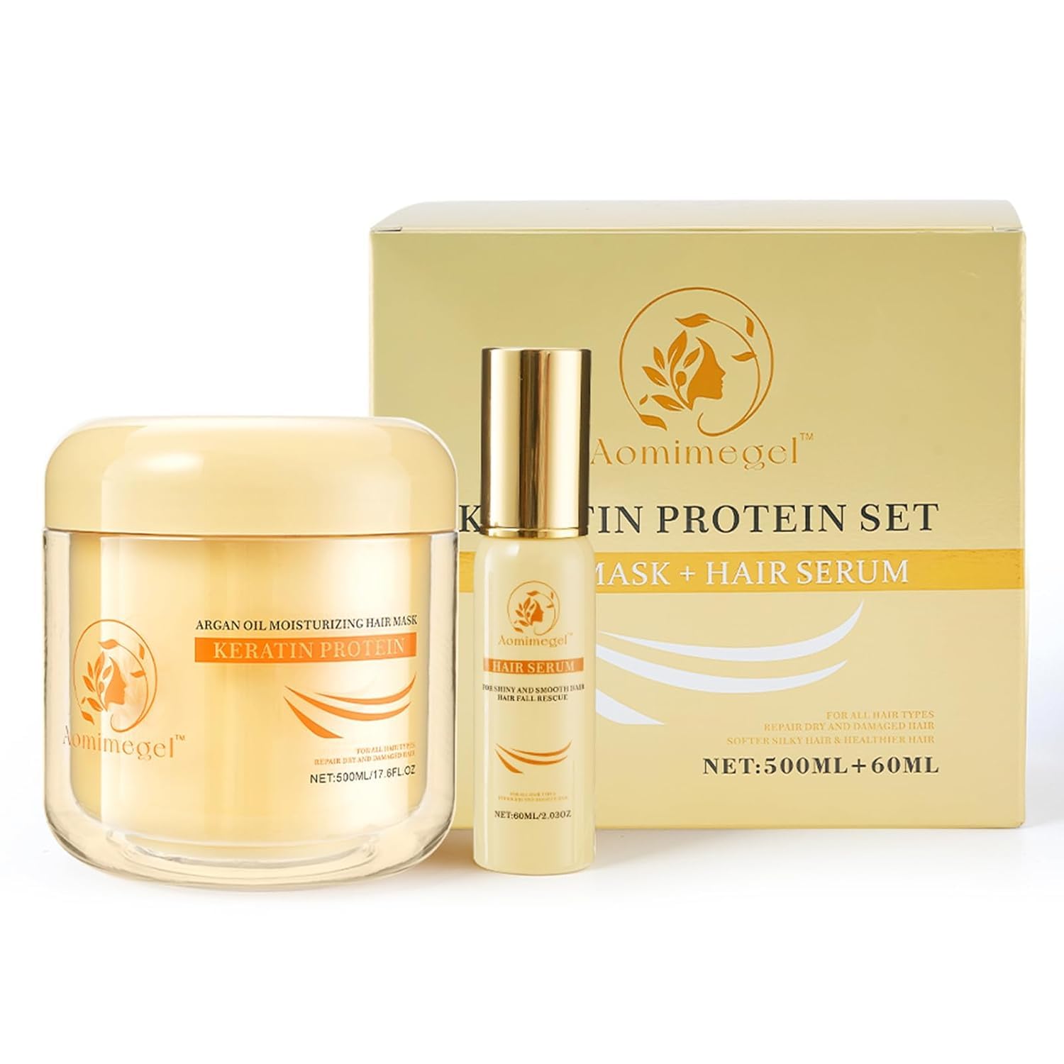 Aomimegel Hair Mask Argan Oil Set Deep Repair Conditioning Collagen Hair Treatment for Dry and Damaged Hair All Hair Types 16.9floz + 2floz