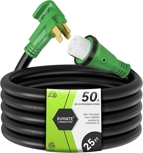 RVMATE Cable de extensión de alimentación con cerradura para RVgenerador de 50 amperios y 25 pies, mango de fácil enchufe, 14-50P a SS 2-50R con