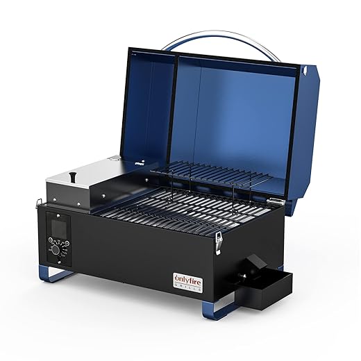 Onlyfire GS680 Portable Wood Pellet Grill and Smoker, 8 in 1 Tabletop Outdoor BBQ Grilling Stove for RV Camping Tailgating Cooking with Auto Temperature Control, LED Screen, Meat Probe & 2 Tiers Cooking Area, Blue