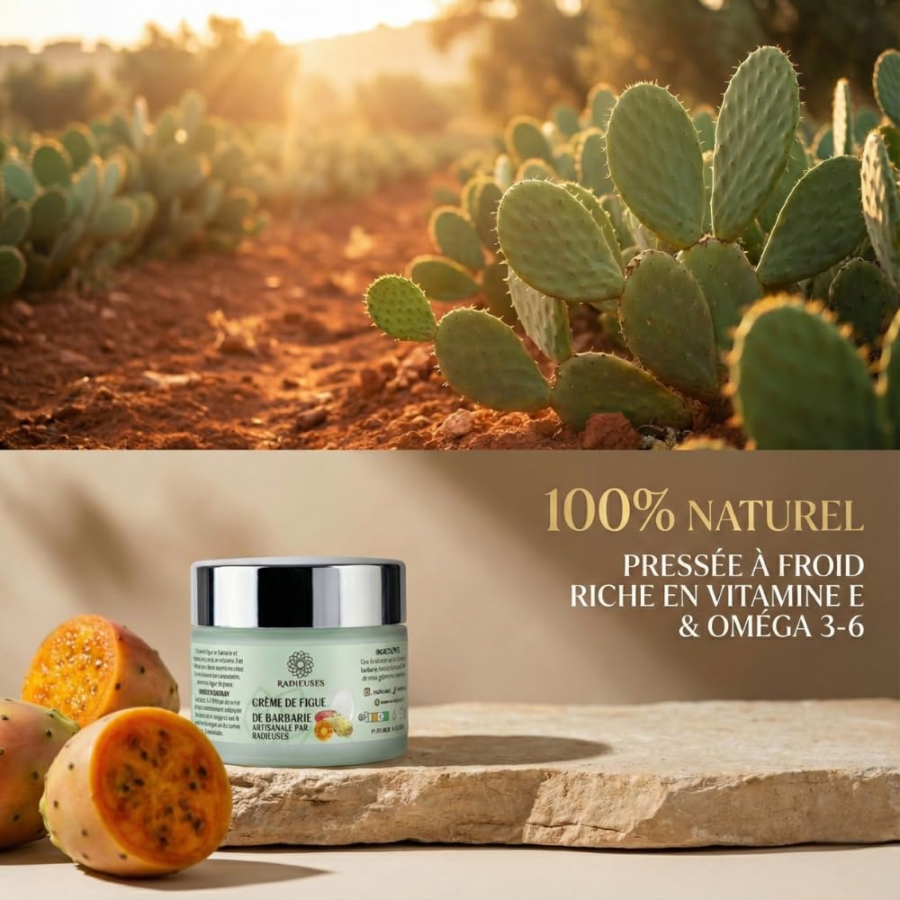 Crème Figue de Barbarie 50g Visage | Anti-Âge Hydratante Naturelle | Huile Pépins Pressée Froid | Vitamine E Oméga 3-6 | Karité Coco | Rides Cicatrisation | CertifiéE NATURELLE Vegan | Radieuses