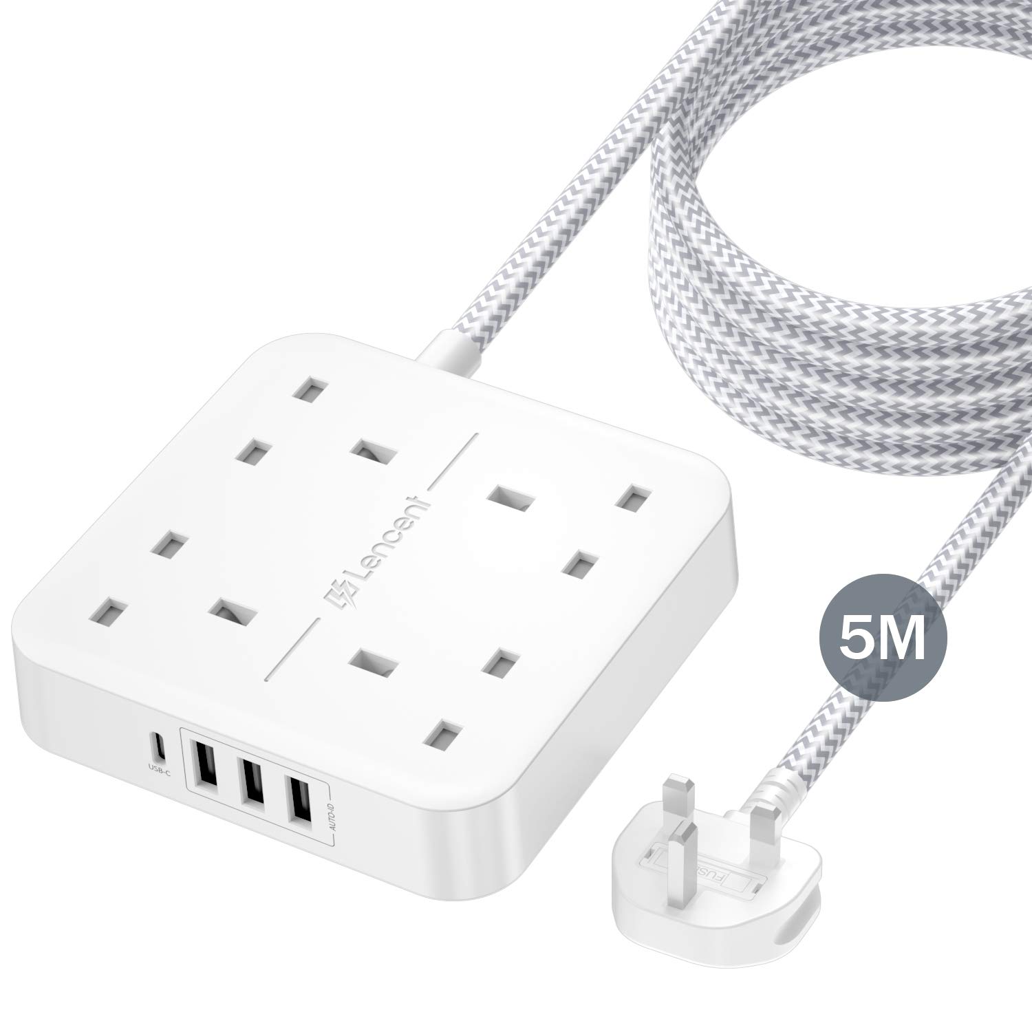 LENCENT Extension Lead with USB C Port, 4 Way Outlets Power Strip with