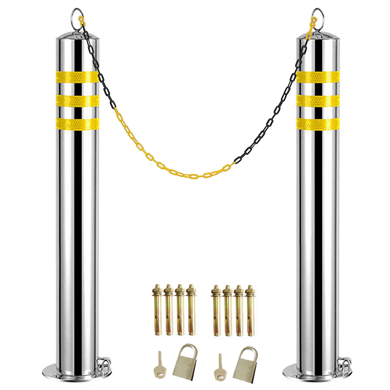 GTHTUHFD 2 Pcs Bollard Post With 4 Expansion Bolts And Plastic Chain, Stainless Steel Parking Bollard For Driveways, Parking Spaces, Forecourts,76x650mm