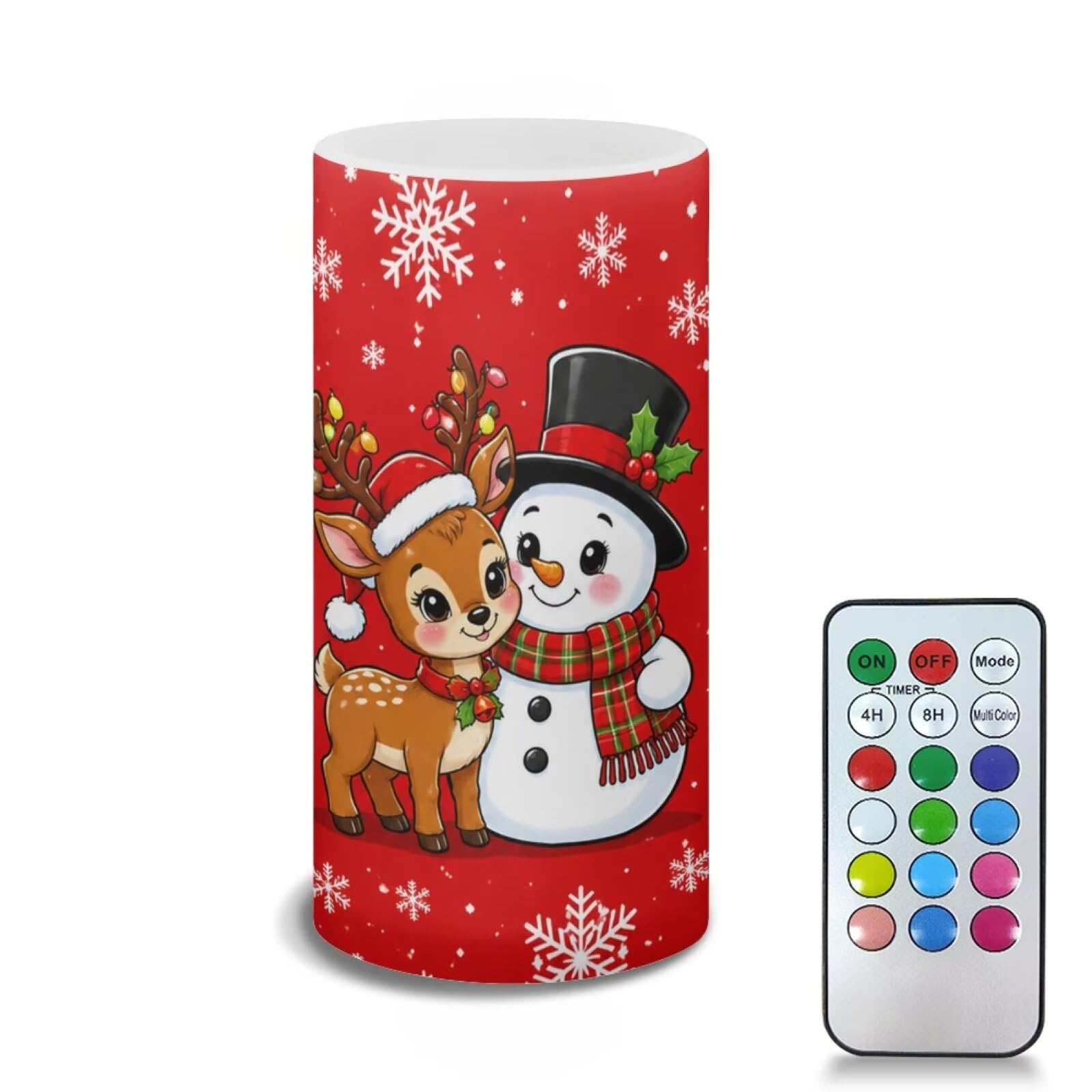 Poceacles Flameless Candle with Remote Control 12 Colors 4/8 Hours Timer LED Night Lights Pillar Candle Tealights Home Indoor Christmas Decor, Cute Snowman Reindeer Red