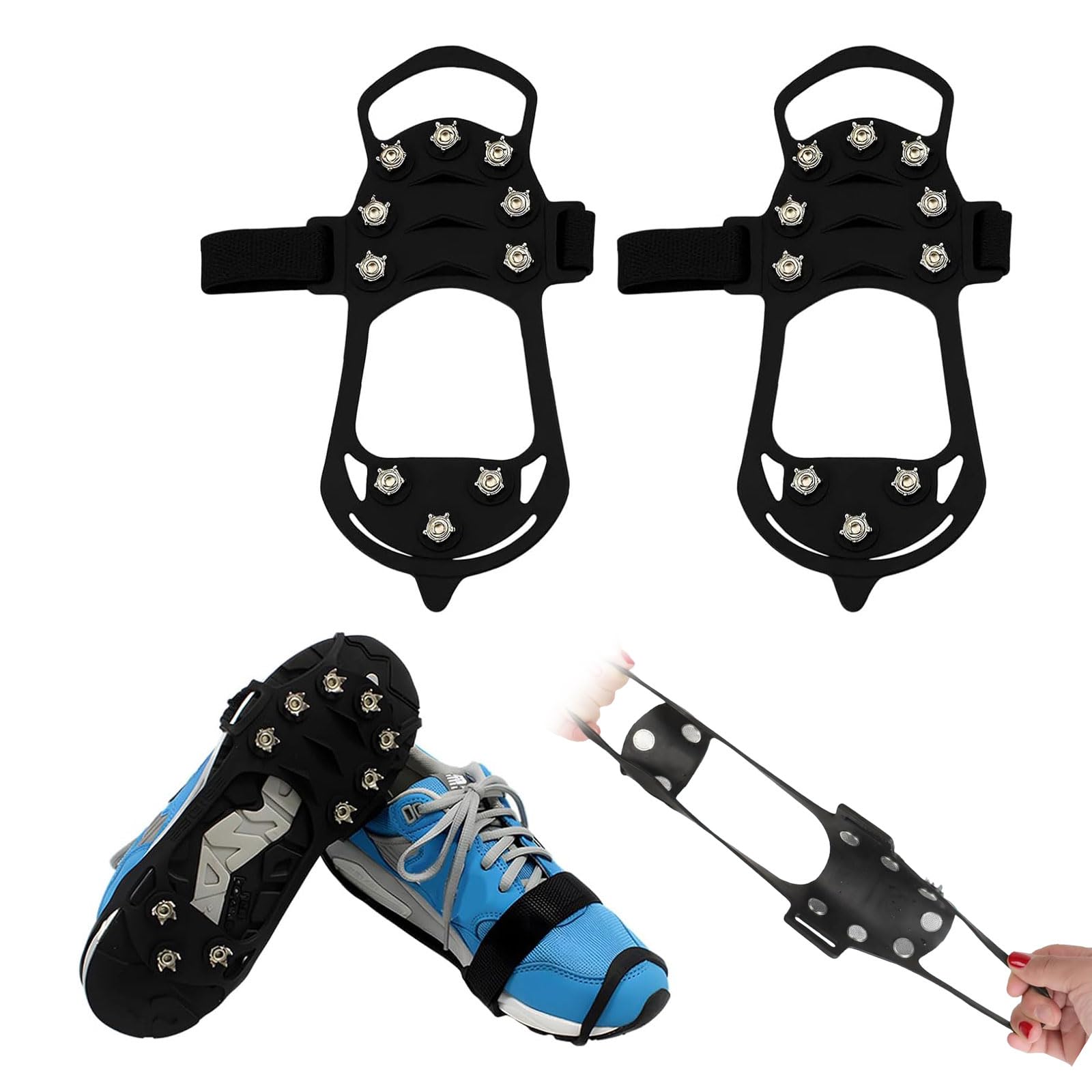 Ice Snow Grips, 10-Stud Ice Cleats for Shoes and Boots, Silicone Anti Slip Footwear, Universal Crampons Cleats Traction for Snow, Winter Hiking Climbing Jogging Fishing