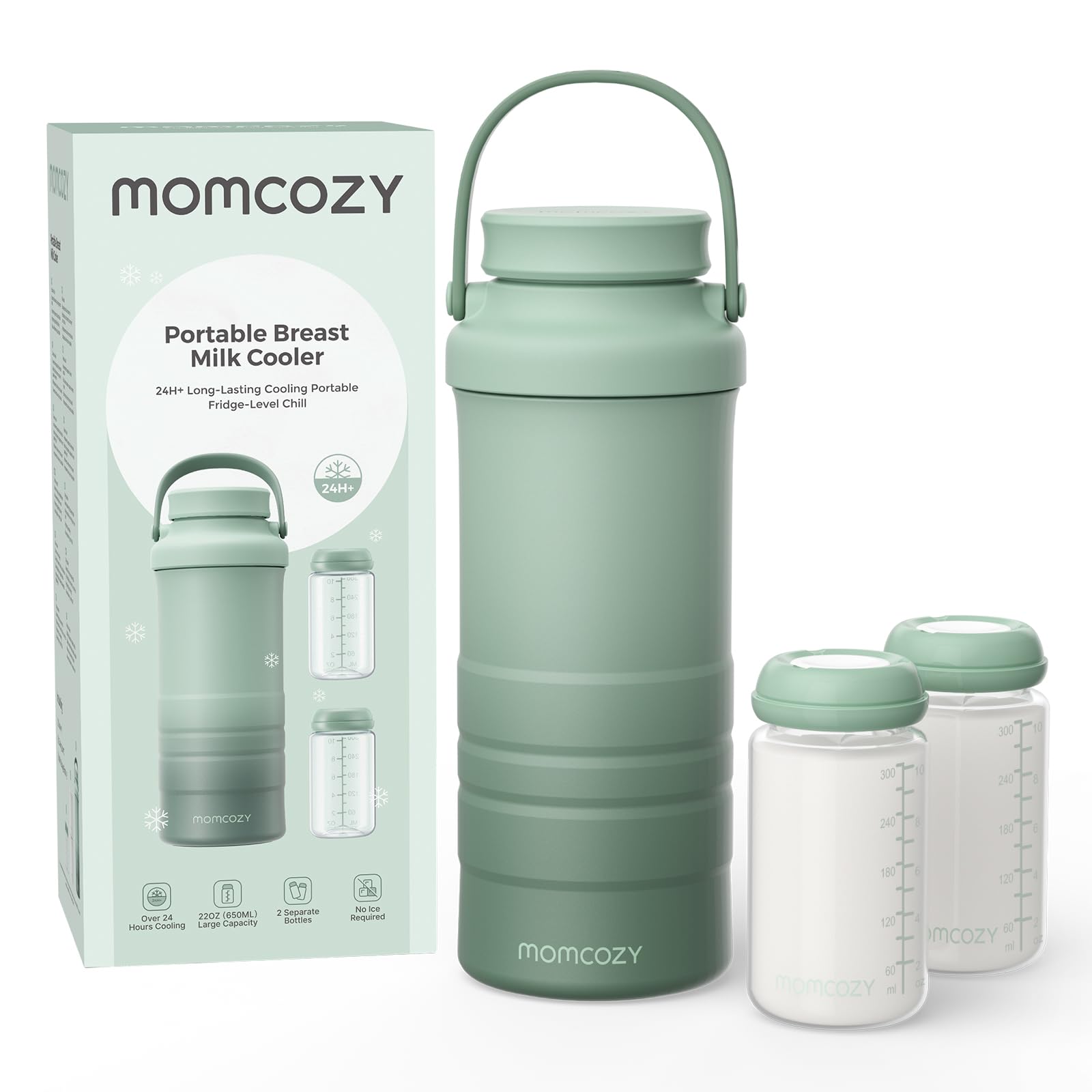 Momcozy 22oz Portable Breast Milk Cooler for Outdoor, Life Saver with 360° Total Cooling for 24 Hours, Larger Capacity Travel Breastmilk Chiller with 2pcs Baby Bottles for Breastmilk Storage, Green