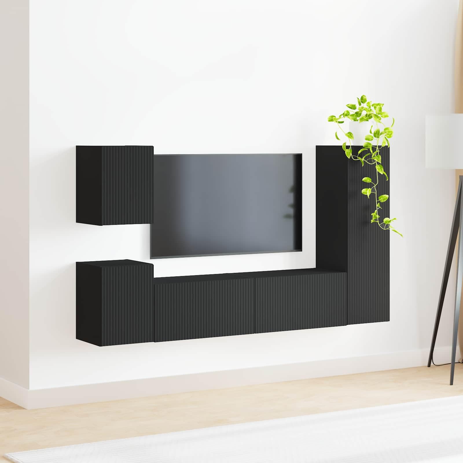 TV-Schrankset Wandmontiert 4-teilig, Schwarz Holzwerkstoff, Modernes Media-Center für Wohnzimmer, Elegante Aufbewahrungslösung