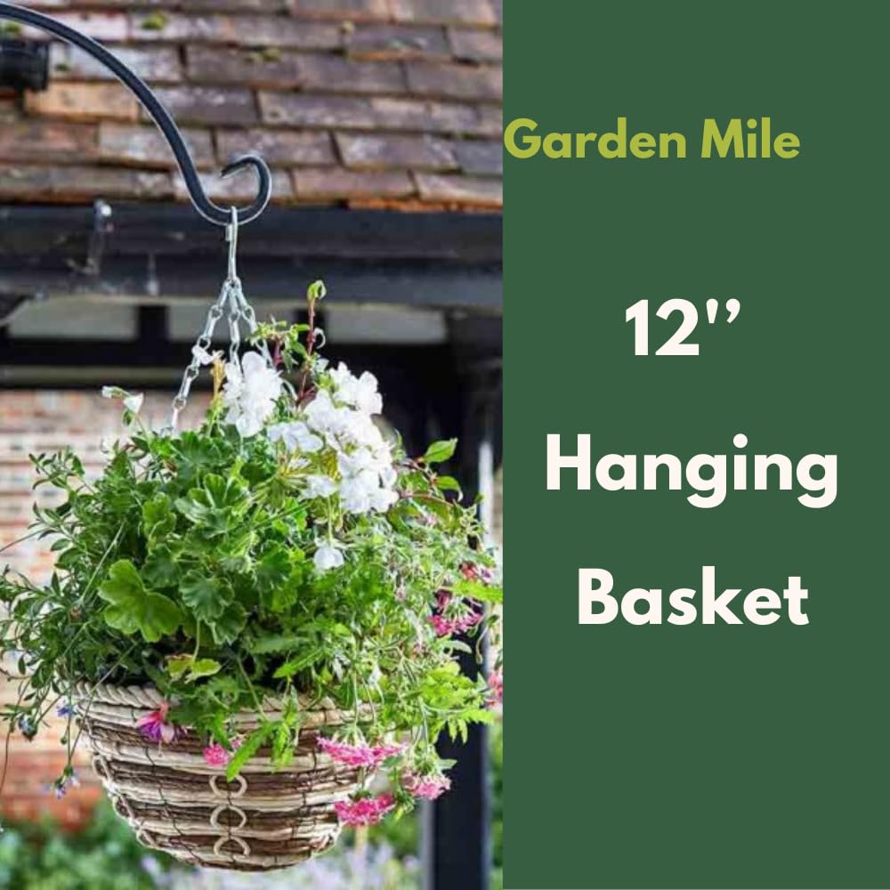 Garden Mile® Fioriera da giardino da appendere, 35,5 cm, a cono, effetto rattan, per esterni, con catena sospesa, cesto per fiori in vimini grigio, pre-foderato per piantare facilmente