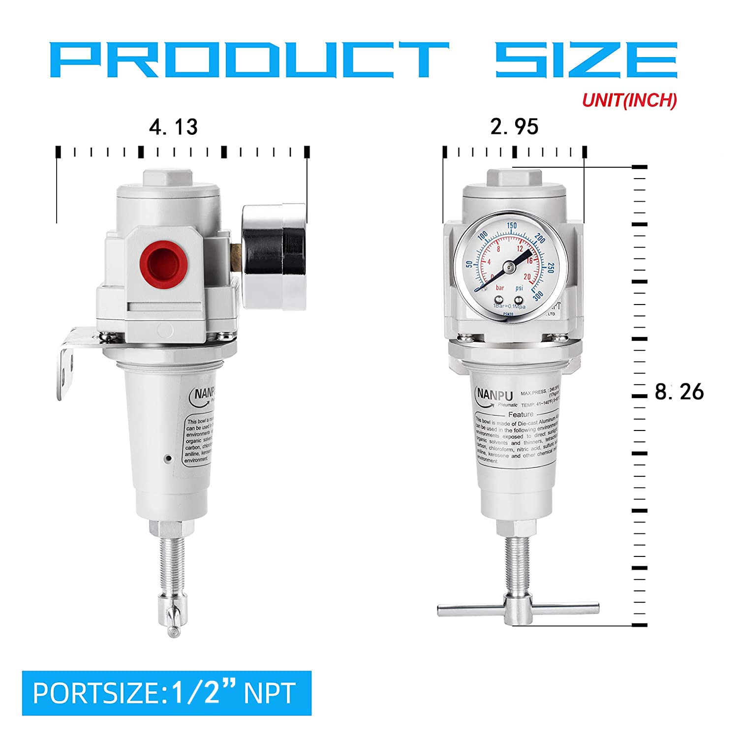 NANPU 1/2" NPT High Pressure Compressed Air Regulator, T-Handle, 0-300 psi Gauge & Metal Bracket — Amazon image 3