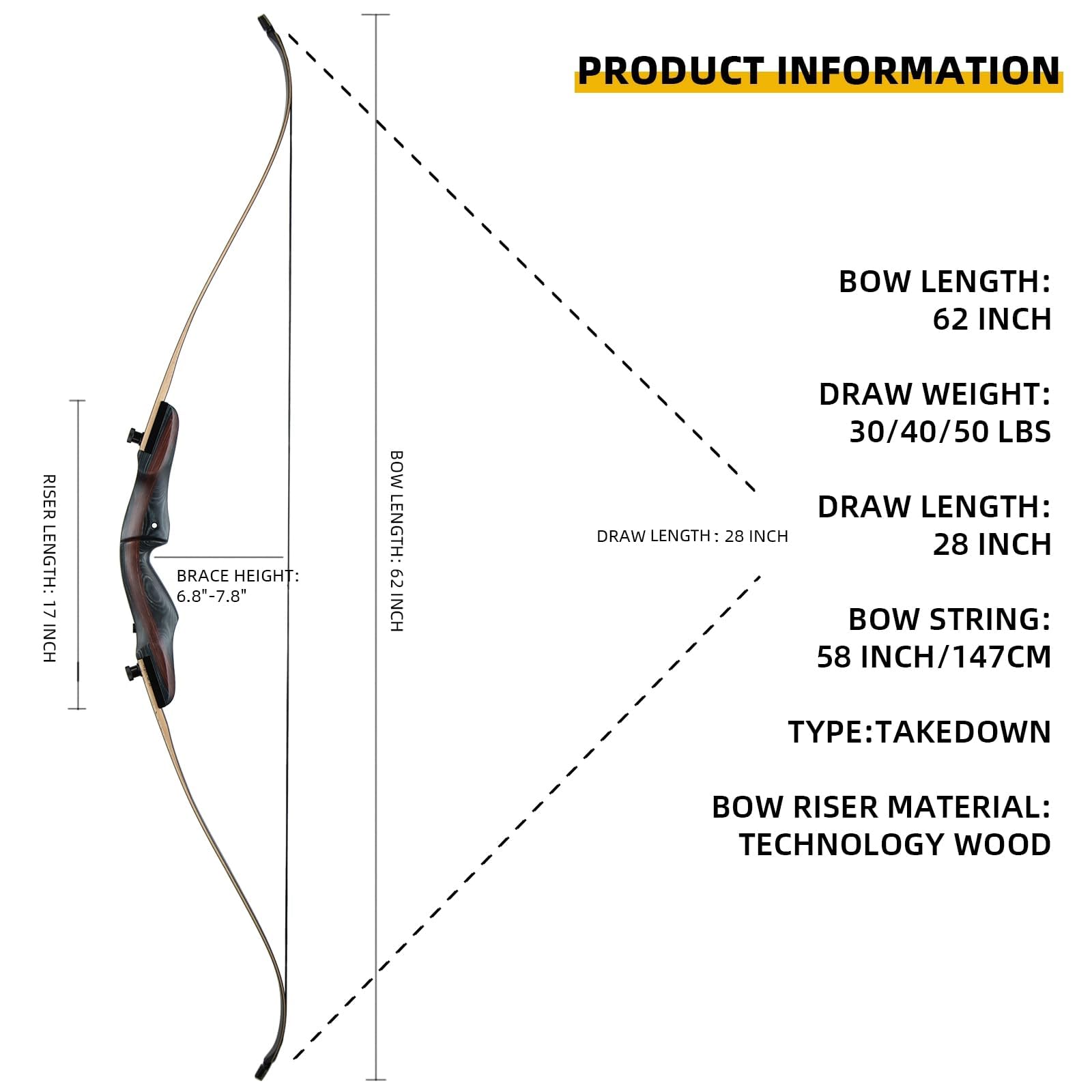 62-Zoll-Wettkampf-Recurvebogen für Outdoor-Bogenschießen, 40-50 lbs Zuggewicht, Rechtshänder, ideal für Jagd und Turniere