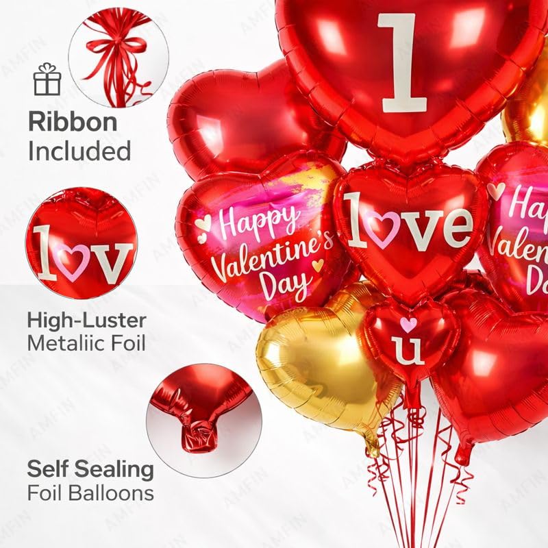 Image of AMFIN (Pack of 7) Happy Valentine's Day Foil Balloon Bouquet I Love you Heart Romantic Decoration Item - Red Gold