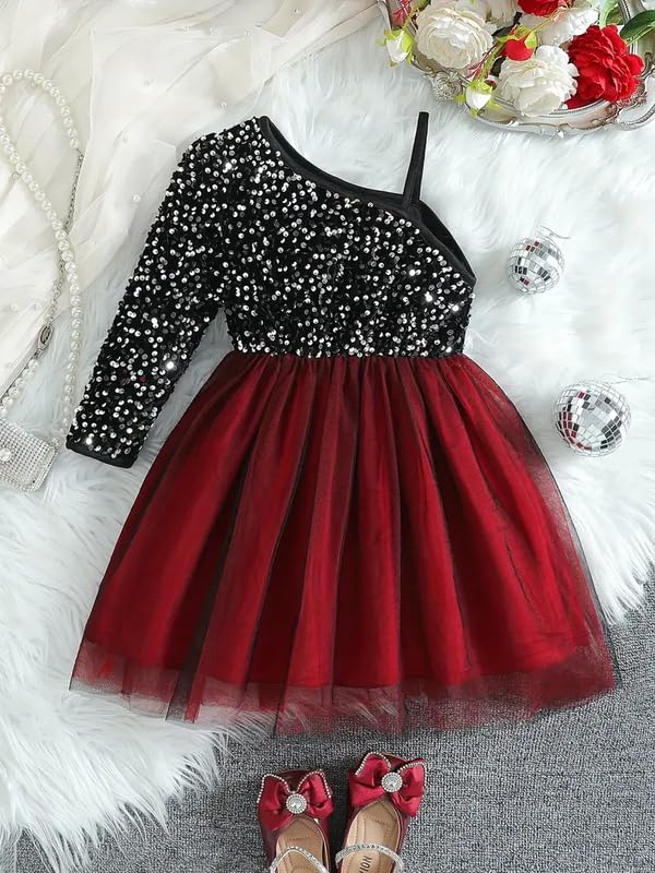 Image of Niren Enterprise Girl's Fit And Flare Knee Length Sequence String Sleeve Off Shoulder Neck Fla Dress with Sequence Bow