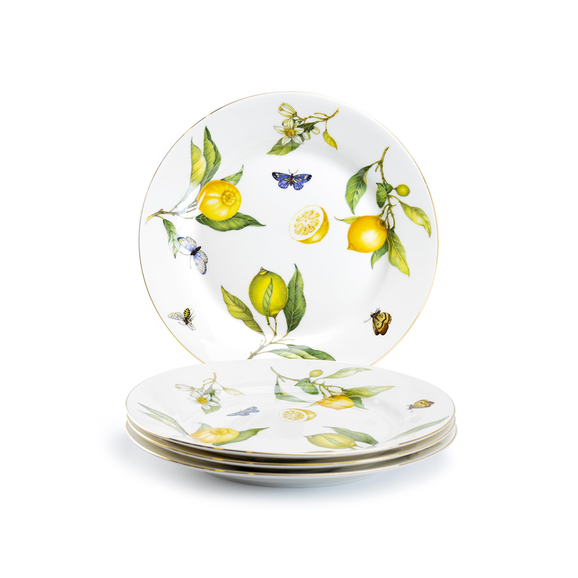 Gracie China by Coastline Imports Gracie China Lemons Butterfly Bee Garden 20 cm zestaw 4 porcelanowych talerzy deserowych/sałatkowych, żółty