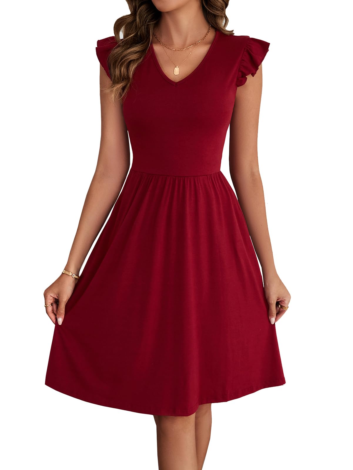 HELYO Women's Summer Dresses Cute V Neck Ruffle Sleeve Cocktail Short Work Casual Dress with Pockets 648