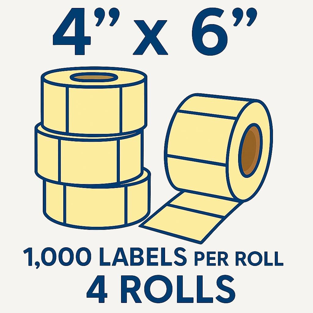 Compulabel 640091 Thermal Transfer Shipping Labels, 4 inch x 6 inch, Pastel Yellow, Permanent Adhesive, Perforations Between Labels, 1000 Per Roll, 4 Rolls