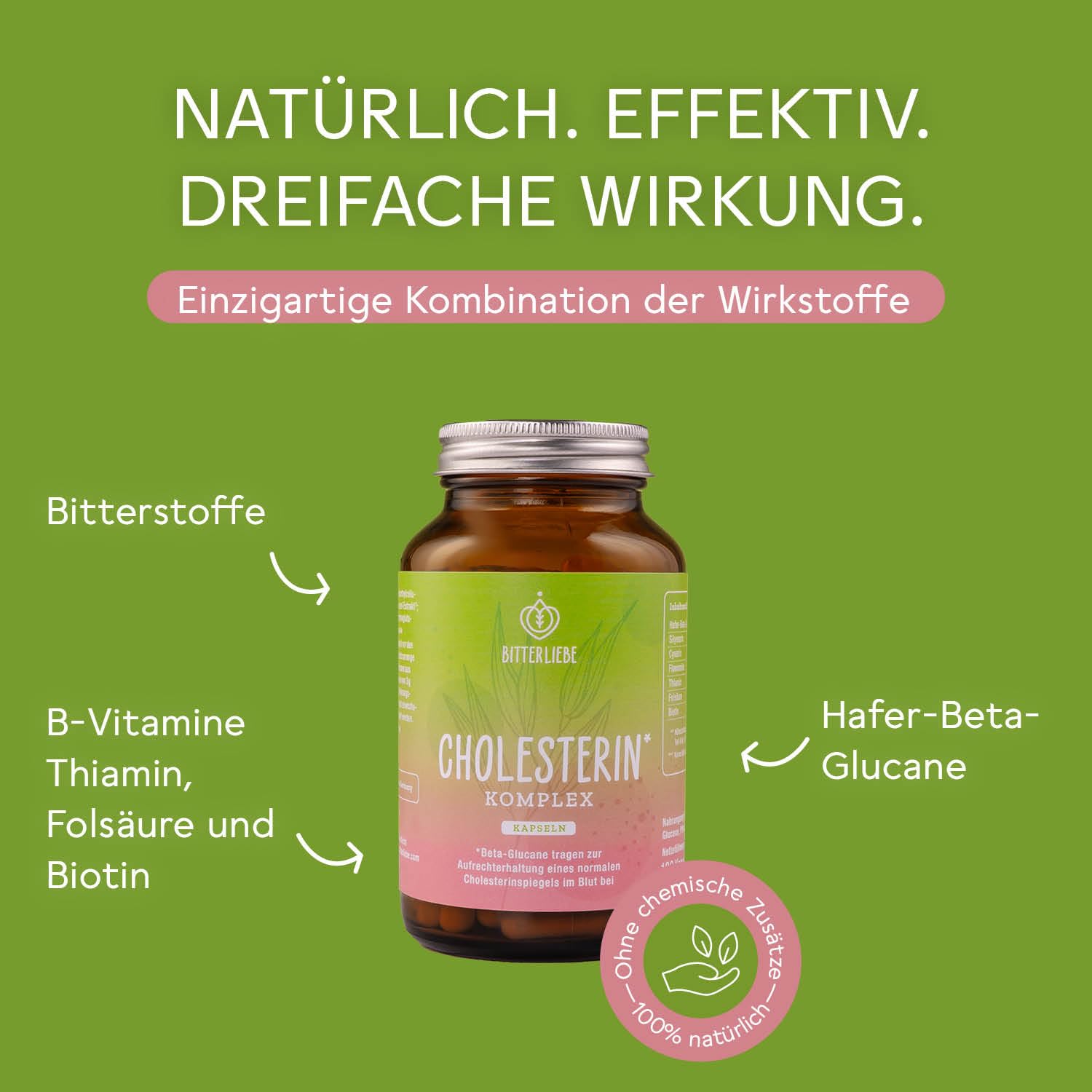 BitterLiebe Cholesterin* Komplex, einzigartige Kombination aus Bitterstoffen, Beta-Glucanen und Cultavit, 3-fach Wirkung auf Cholesterinspiegel (1)